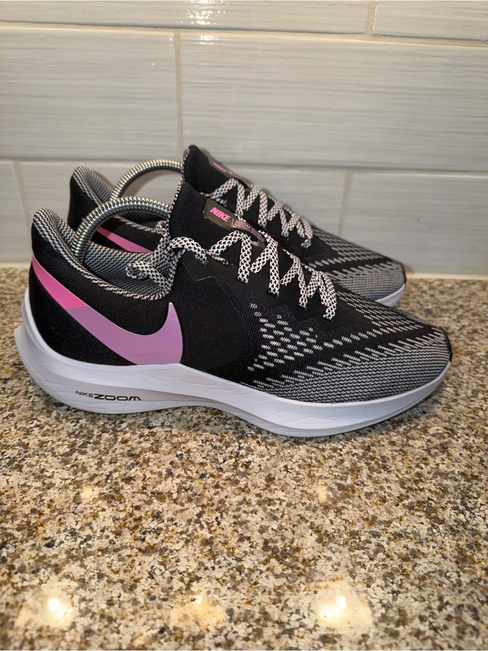 Nike Women’s Running Shoes - Black with Pink Swoosh and Gray Knit